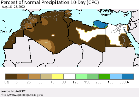 North Africa Percent of Normal Precipitation 10-Day (CPC) Thematic Map For 8/16/2022 - 8/25/2022