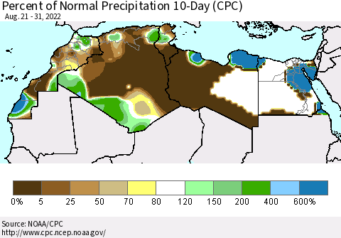 North Africa Percent of Normal Precipitation 10-Day (CPC) Thematic Map For 8/21/2022 - 8/31/2022