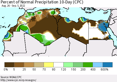 North Africa Percent of Normal Precipitation 10-Day (CPC) Thematic Map For 8/26/2022 - 9/5/2022