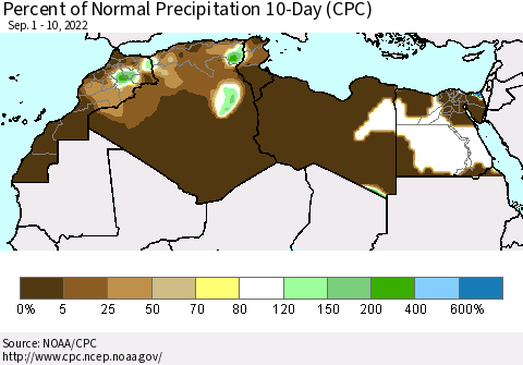 North Africa Percent of Normal Precipitation 10-Day (CPC) Thematic Map For 9/1/2022 - 9/10/2022