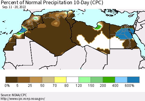 North Africa Percent of Normal Precipitation 10-Day (CPC) Thematic Map For 9/11/2022 - 9/20/2022