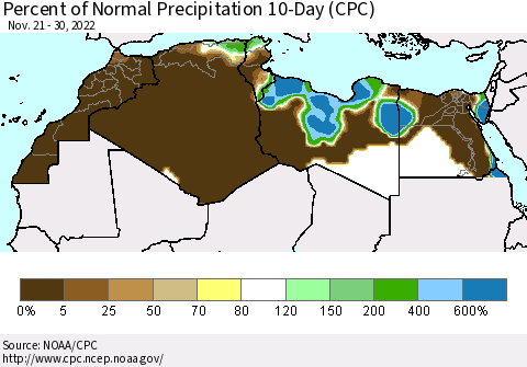 North Africa Percent of Normal Precipitation 10-Day (CPC) Thematic Map For 11/21/2022 - 11/30/2022