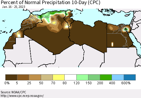 North Africa Percent of Normal Precipitation 10-Day (CPC) Thematic Map For 1/16/2023 - 1/25/2023
