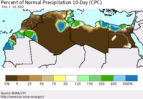 North Africa Percent of Normal Precipitation 10-Day (CPC) Thematic Map For 2/1/2023 - 2/10/2023