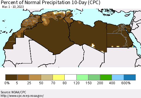 North Africa Percent of Normal Precipitation 10-Day (CPC) Thematic Map For 3/1/2023 - 3/10/2023