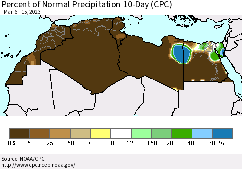 North Africa Percent of Normal Precipitation 10-Day (CPC) Thematic Map For 3/6/2023 - 3/15/2023