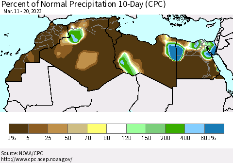 North Africa Percent of Normal Precipitation 10-Day (CPC) Thematic Map For 3/11/2023 - 3/20/2023
