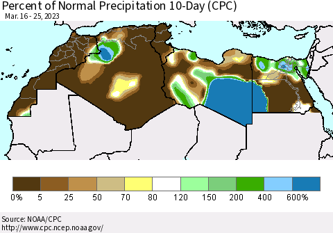 North Africa Percent of Normal Precipitation 10-Day (CPC) Thematic Map For 3/16/2023 - 3/25/2023
