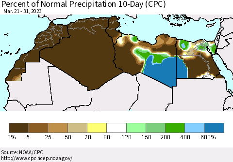 North Africa Percent of Normal Precipitation 10-Day (CPC) Thematic Map For 3/21/2023 - 3/31/2023