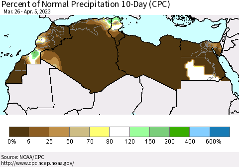 North Africa Percent of Normal Precipitation 10-Day (CPC) Thematic Map For 3/26/2023 - 4/5/2023
