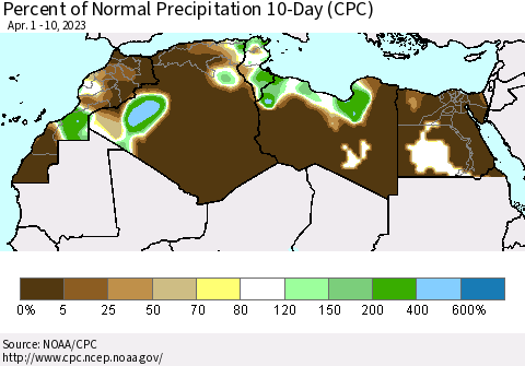 North Africa Percent of Normal Precipitation 10-Day (CPC) Thematic Map For 4/1/2023 - 4/10/2023
