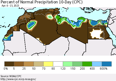 North Africa Percent of Normal Precipitation 10-Day (CPC) Thematic Map For 4/6/2023 - 4/15/2023