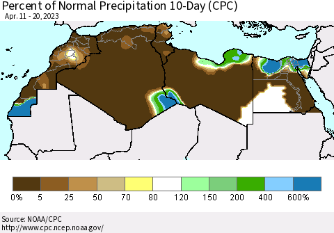 North Africa Percent of Normal Precipitation 10-Day (CPC) Thematic Map For 4/11/2023 - 4/20/2023