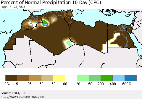 North Africa Percent of Normal Precipitation 10-Day (CPC) Thematic Map For 4/16/2023 - 4/25/2023