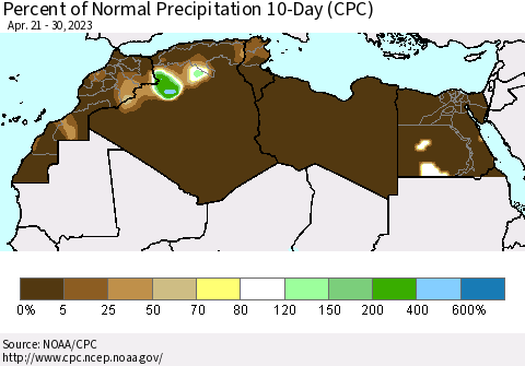 North Africa Percent of Normal Precipitation 10-Day (CPC) Thematic Map For 4/21/2023 - 4/30/2023