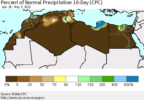 North Africa Percent of Normal Precipitation 10-Day (CPC) Thematic Map For 4/26/2023 - 5/5/2023