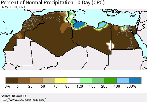 North Africa Percent of Normal Precipitation 10-Day (CPC) Thematic Map For 5/1/2023 - 5/10/2023