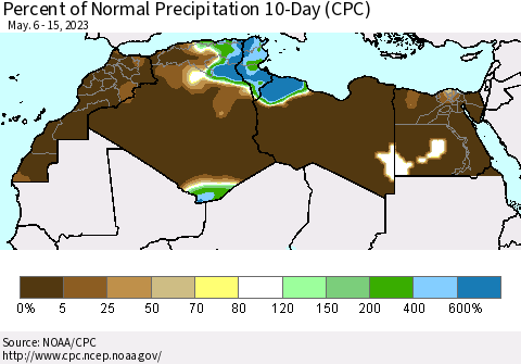 North Africa Percent of Normal Precipitation 10-Day (CPC) Thematic Map For 5/6/2023 - 5/15/2023