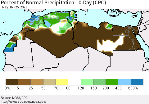 North Africa Percent of Normal Precipitation 10-Day (CPC) Thematic Map For 5/16/2023 - 5/25/2023