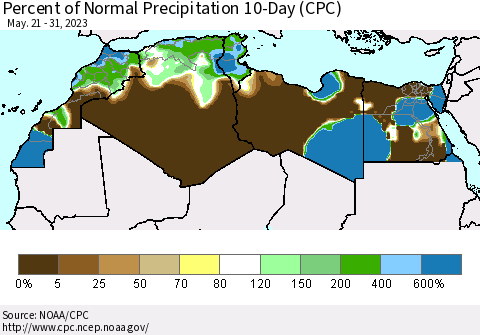 North Africa Percent of Normal Precipitation 10-Day (CPC) Thematic Map For 5/21/2023 - 5/31/2023