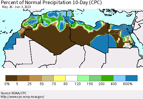 North Africa Percent of Normal Precipitation 10-Day (CPC) Thematic Map For 5/26/2023 - 6/5/2023