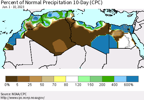 North Africa Percent of Normal Precipitation 10-Day (CPC) Thematic Map For 6/1/2023 - 6/10/2023