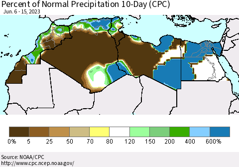 North Africa Percent of Normal Precipitation 10-Day (CPC) Thematic Map For 6/6/2023 - 6/15/2023