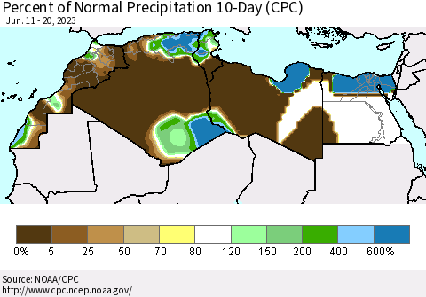 North Africa Percent of Normal Precipitation 10-Day (CPC) Thematic Map For 6/11/2023 - 6/20/2023