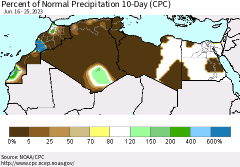 North Africa Percent of Normal Precipitation 10-Day (CPC) Thematic Map For 6/16/2023 - 6/25/2023