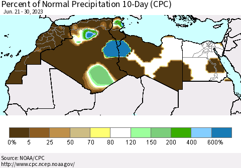 North Africa Percent of Normal Precipitation 10-Day (CPC) Thematic Map For 6/21/2023 - 6/30/2023