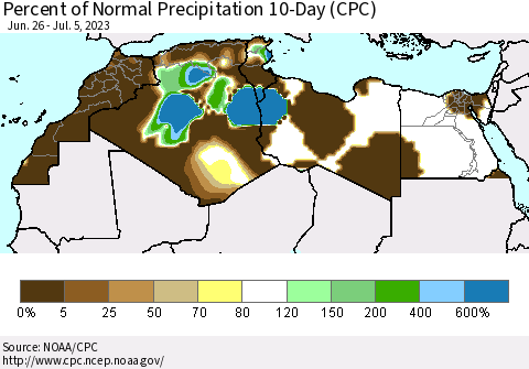 North Africa Percent of Normal Precipitation 10-Day (CPC) Thematic Map For 6/26/2023 - 7/5/2023