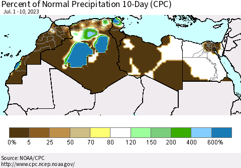 North Africa Percent of Normal Precipitation 10-Day (CPC) Thematic Map For 7/1/2023 - 7/10/2023