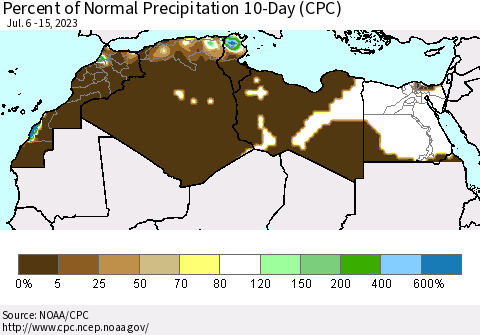 North Africa Percent of Normal Precipitation 10-Day (CPC) Thematic Map For 7/6/2023 - 7/15/2023