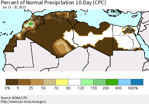 North Africa Percent of Normal Precipitation 10-Day (CPC) Thematic Map For 7/11/2023 - 7/20/2023