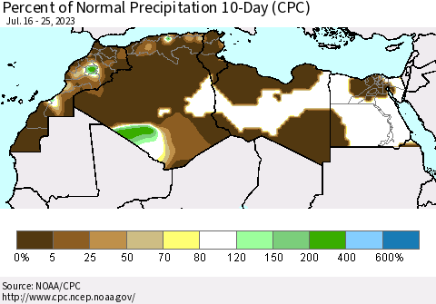North Africa Percent of Normal Precipitation 10-Day (CPC) Thematic Map For 7/16/2023 - 7/25/2023