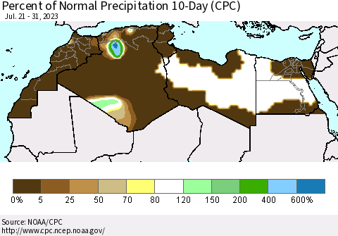 North Africa Percent of Normal Precipitation 10-Day (CPC) Thematic Map For 7/21/2023 - 7/31/2023