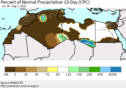 North Africa Percent of Normal Precipitation 10-Day (CPC) Thematic Map For 7/26/2023 - 8/5/2023