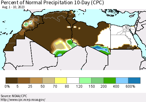 North Africa Percent of Normal Precipitation 10-Day (CPC) Thematic Map For 8/1/2023 - 8/10/2023