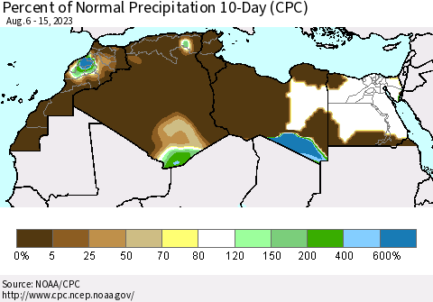 North Africa Percent of Normal Precipitation 10-Day (CPC) Thematic Map For 8/6/2023 - 8/15/2023