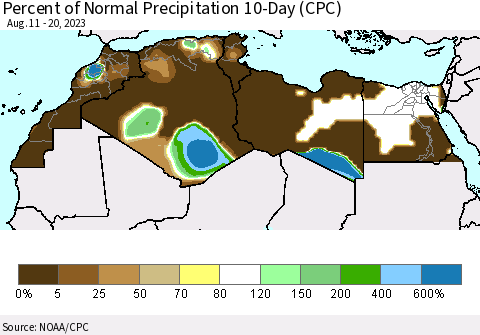 North Africa Percent of Normal Precipitation 10-Day (CPC) Thematic Map For 8/11/2023 - 8/20/2023
