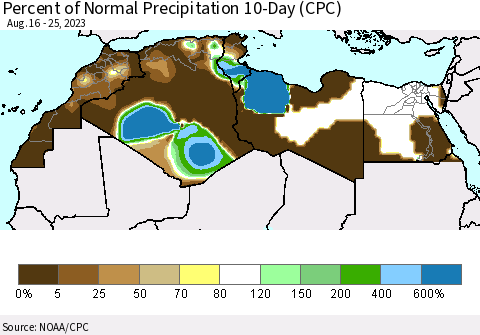 North Africa Percent of Normal Precipitation 10-Day (CPC) Thematic Map For 8/16/2023 - 8/25/2023
