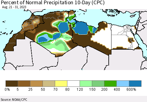 North Africa Percent of Normal Precipitation 10-Day (CPC) Thematic Map For 8/21/2023 - 8/31/2023