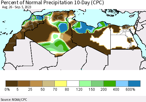 North Africa Percent of Normal Precipitation 10-Day (CPC) Thematic Map For 8/26/2023 - 9/5/2023
