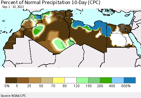 North Africa Percent of Normal Precipitation 10-Day (CPC) Thematic Map For 9/1/2023 - 9/10/2023