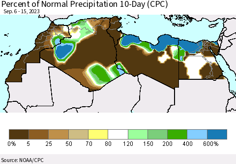 North Africa Percent of Normal Precipitation 10-Day (CPC) Thematic Map For 9/6/2023 - 9/15/2023