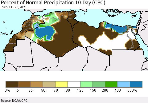 North Africa Percent of Normal Precipitation 10-Day (CPC) Thematic Map For 9/11/2023 - 9/20/2023