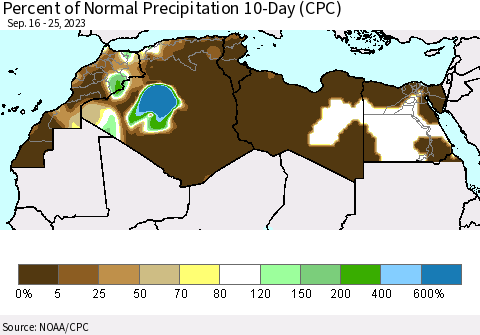 North Africa Percent of Normal Precipitation 10-Day (CPC) Thematic Map For 9/16/2023 - 9/25/2023