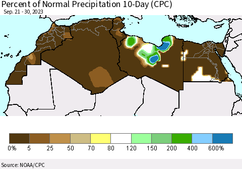 North Africa Percent of Normal Precipitation 10-Day (CPC) Thematic Map For 9/21/2023 - 9/30/2023