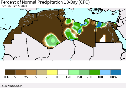 North Africa Percent of Normal Precipitation 10-Day (CPC) Thematic Map For 9/26/2023 - 10/5/2023