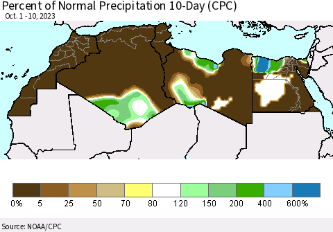 North Africa Percent of Normal Precipitation 10-Day (CPC) Thematic Map For 10/1/2023 - 10/10/2023